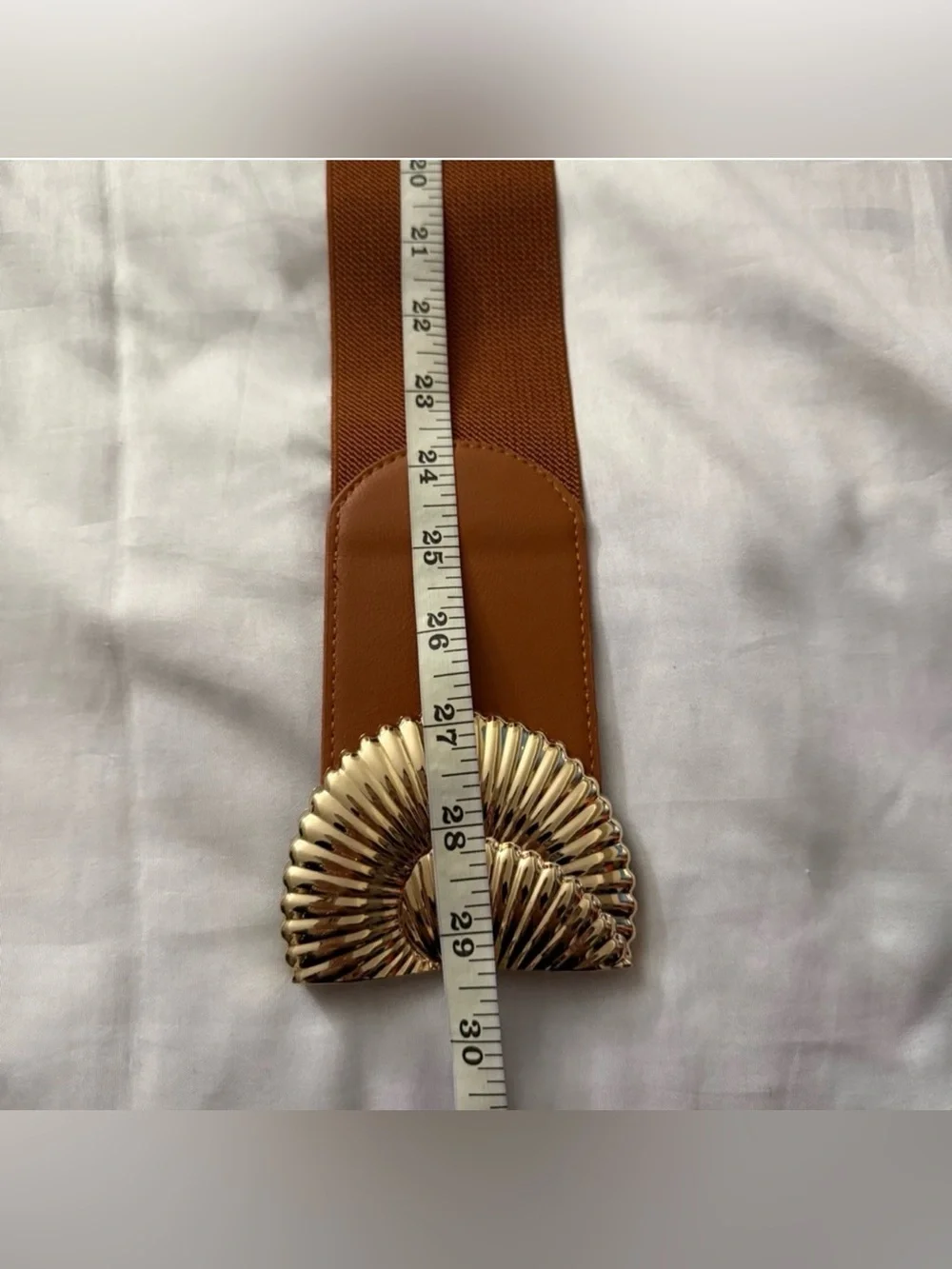 Brown PU leather elastic waistband belt with gold tone buckle